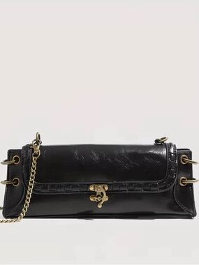 Black Patent Chain Shoulder Bag with Gold Hardware